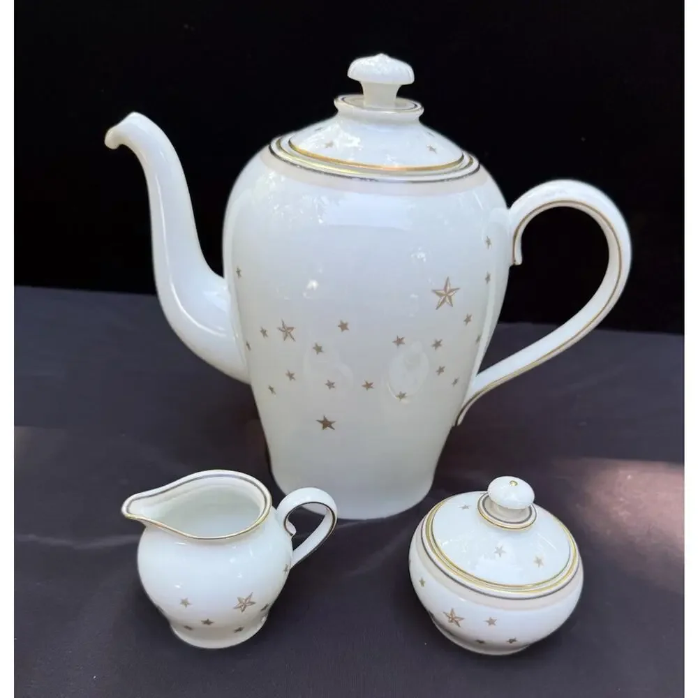 Rare Vintage Bing & Grondahl Milky Way Gold Star Pattern Tea Pot Cream & Sugar